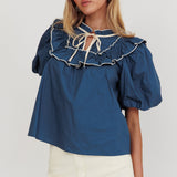 Remarkable Puff Sleeve Tied Neck Top Teal