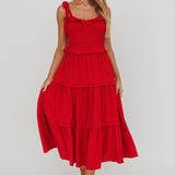 Paprika Tied Shoulder Shirred Midi Dress Red