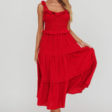 Paprika Tied Shoulder Shirred Midi Dress Red