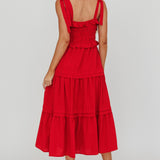 Paprika Tied Shoulder Shirred Midi Dress Red