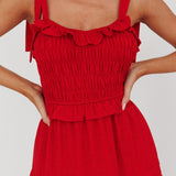 Paprika Tied Shoulder Shirred Midi Dress Red