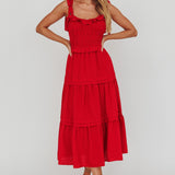 Paprika Tied Shoulder Shirred Midi Dress Red