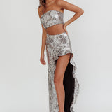 Star Girls Open Split Sequin Maxi Skirt Silver