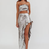 Star Girls Open Split Sequin Maxi Skirt Silver