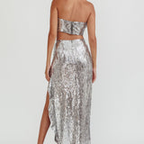 Star Girls Open Split Sequin Maxi Skirt Silver