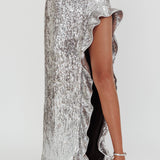Star Girls Open Split Sequin Maxi Skirt Silver