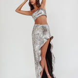 Star Girls Open Split Sequin Maxi Skirt Silver