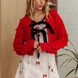 Tera Velvet Bow Cardigan Red