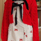 Tera Velvet Bow Cardigan Red