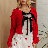Tera Velvet Bow Cardigan Red