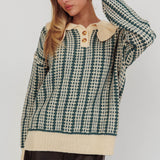 Rewrite Quarter Button Knit Sweater Emerald
