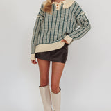 Rewrite Quarter Button Knit Sweater Emerald