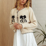Early Snow Blanket Stitch Bow Cardigan Ecru