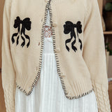 Early Snow Blanket Stitch Bow Cardigan Ecru