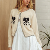 Early Snow Blanket Stitch Bow Cardigan Ecru