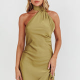 Awaken One-Shoulder Halter Mini Dress Sage