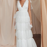 My Fair Lady Bow Shoulder Pearl Maxi Dress White