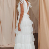 My Fair Lady Bow Shoulder Pearl Maxi Dress White