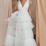 My Fair Lady Bow Shoulder Pearl Maxi Dress White
