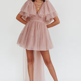 Star Power Tulle Train Mini Dress Blush
