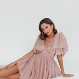 Star Power Tulle Train Mini Dress Blush