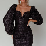 Jayde Balloon Sleeve Sequin Mini Dress Black
