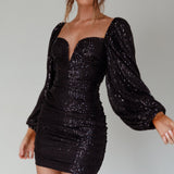 Jayde Balloon Sleeve Sequin Mini Dress Black