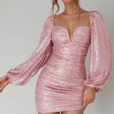 Jayde Balloon Sleeve Sequin Mini Dress Mauve