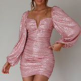 Jayde Balloon Sleeve Sequin Mini Dress Mauve