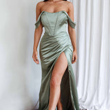 Novara Corset Bust Satin Dress Olive