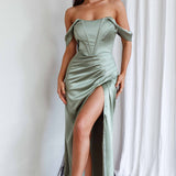 Novara Corset Bust Satin Dress Olive