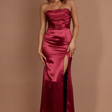 Kalisa Strapless Thigh Split Maxi Dress Burgundy
