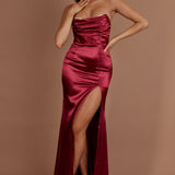 Kalisa Strapless Thigh Split Maxi Dress Burgundy