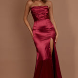 Kalisa Strapless Thigh Split Maxi Dress Burgundy