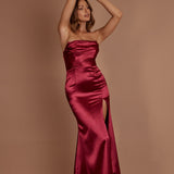 Kalisa Strapless Thigh Split Maxi Dress Burgundy