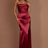 Kalisa Strapless Thigh Split Maxi Dress Burgundy
