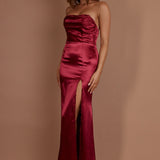 Kalisa Strapless Thigh Split Maxi Dress Burgundy