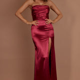 Kalisa Strapless Thigh Split Maxi Dress Burgundy