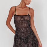 Moon Walker Sheer Rhinestone Mini Dress Black