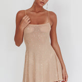 Moon Walker Sheer Rhinestone Mini Dress Nude