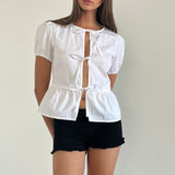 Scandi Puff Sleeve Tie Front Top White
