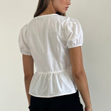 Scandi Puff Sleeve Tie Front Top White