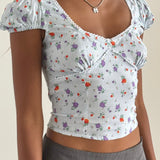 Adrian Puff Cap Sleeve Top Blue Floral
