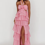 Morpheus Ruffle Halterneck Maxi Dress Pink