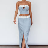 In My Era Front Split Midi Skirt Washed Blue