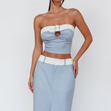 In My Era Front Split Midi Skirt Washed Blue