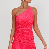 Mystery Of Love One Shoulder Mini Dress Fuchsia