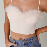 Jovi Feather-Trim Crop Top Nude