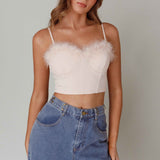 Jovi Feather-Trim Crop Top Nude