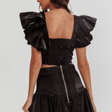 Debutante Ruffle Sleeve Crop Top Black